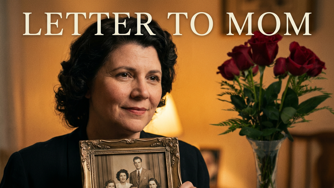 Letter to Mom above a mother holding a framed family photograph beside red roses