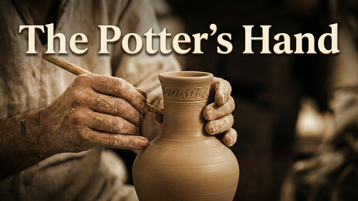 The Potter’s Hand title above clay-covered hands shaping a pottery vessel